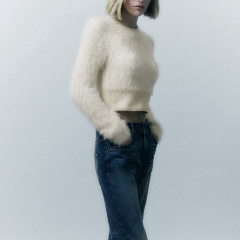 Zara Soft Cream Crew Neck Sweater, Size: M